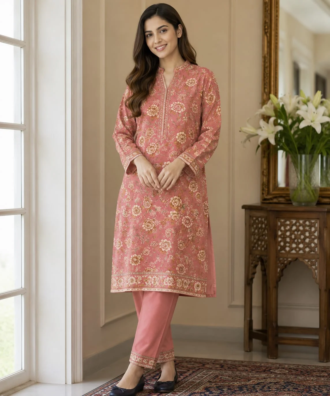 2-Piece Premium Lawn Suit - Dusty Rose Floral Print | VS-LAWN-16 | Vionza Style