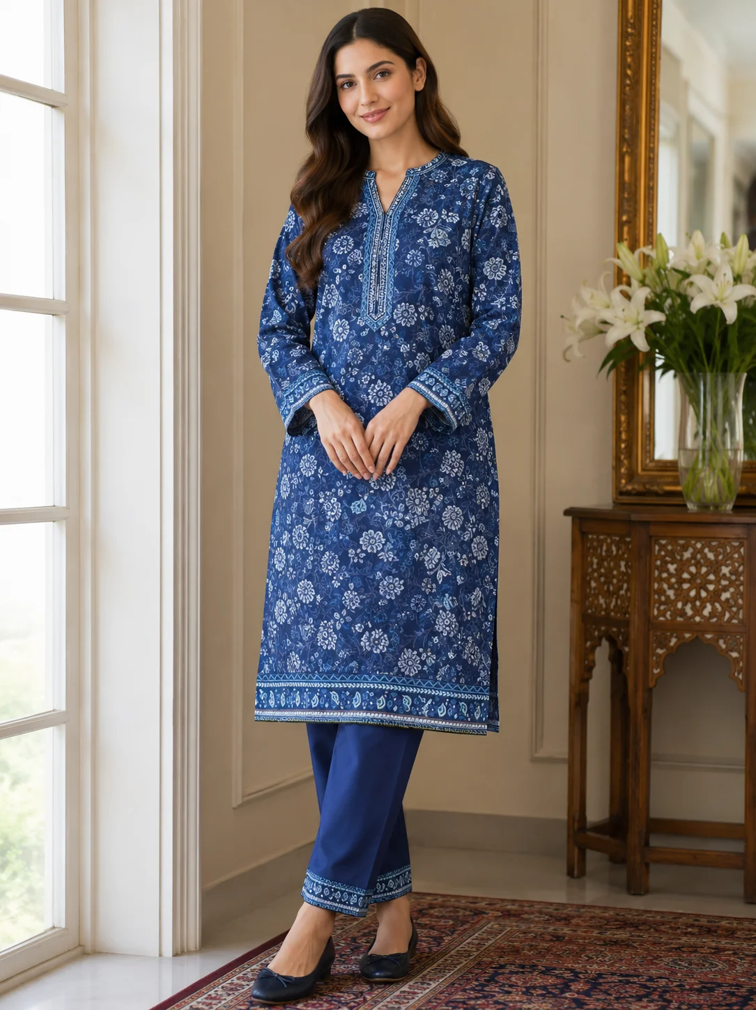 2-Piece Premium Lawn Suit - Royal Blue White Floral Print | VS-LAWN-36 | Vionza Style
