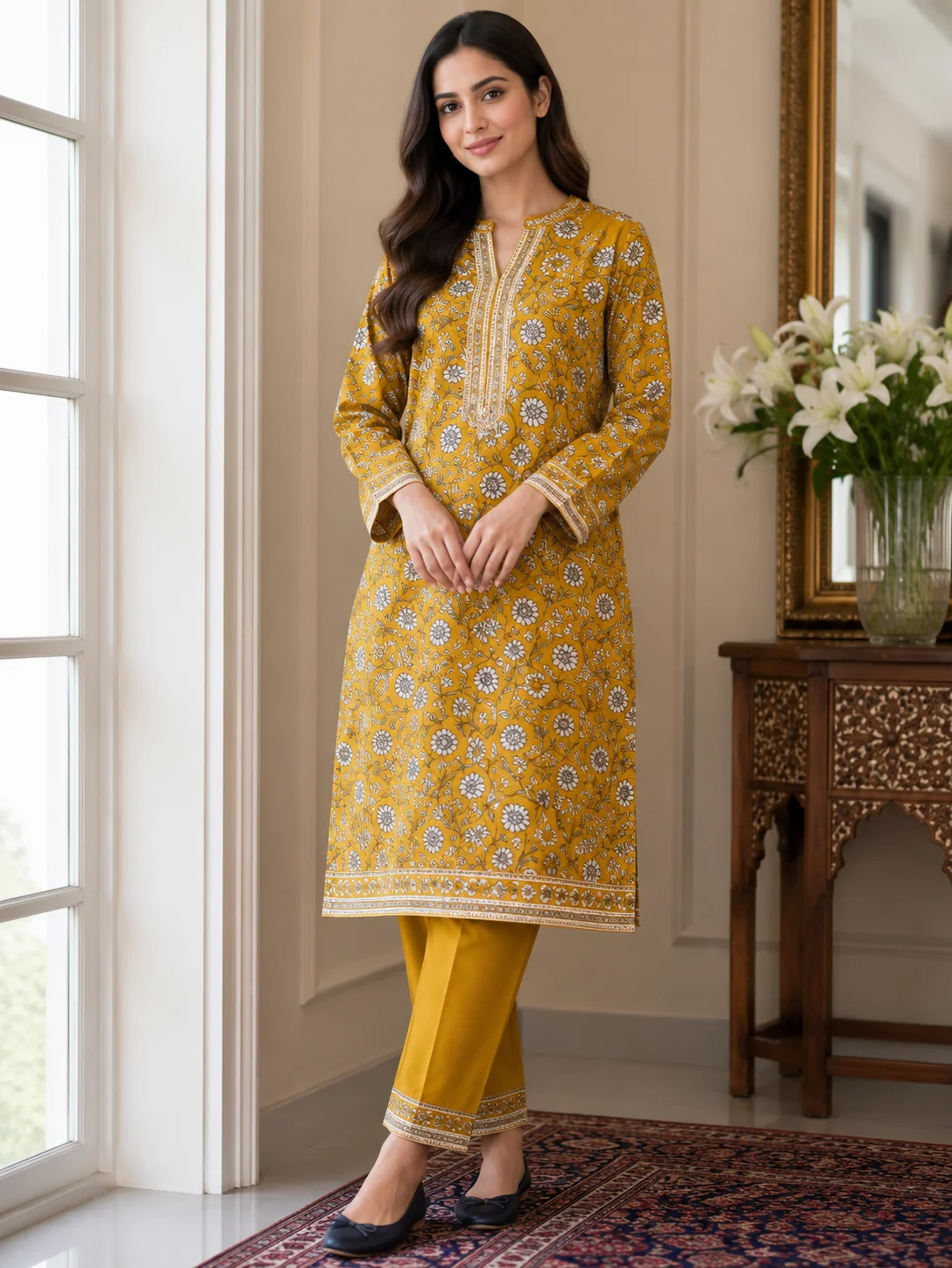 2-Piece Premium Lawn Suit - Mustard Yellow Floral Print | VS-LAWN-37 | Vionza Style