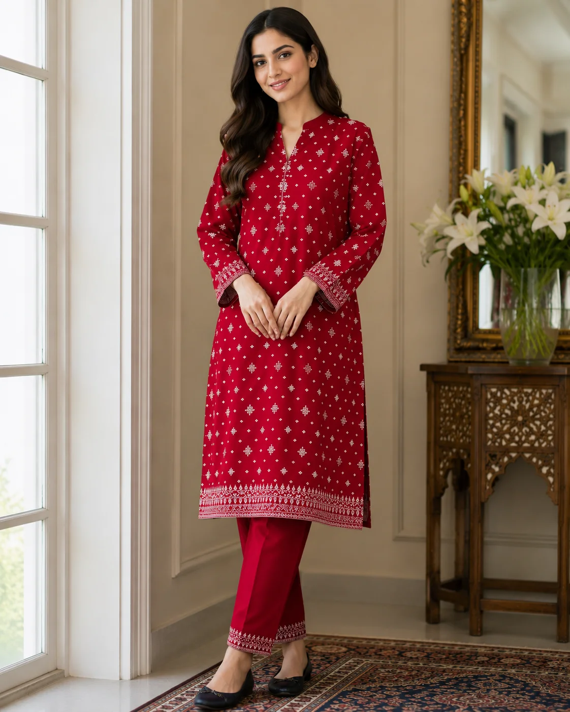 2-Piece Premium Lawn Suit - Crimson Red Geometric Print | VS-LAWN-19 | Vionza Style