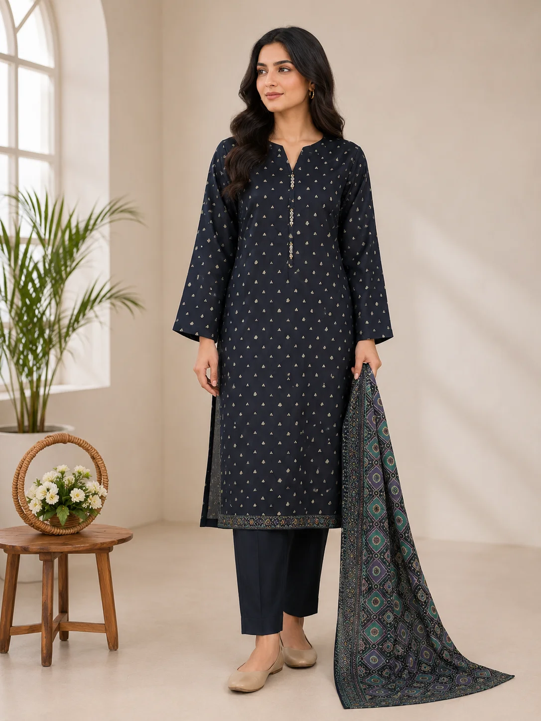 3-Piece Premium Lawn Suit - Navy Blue Dotted Print with Geometric Dupatta | VS-LAWN-27 | Vionza Style