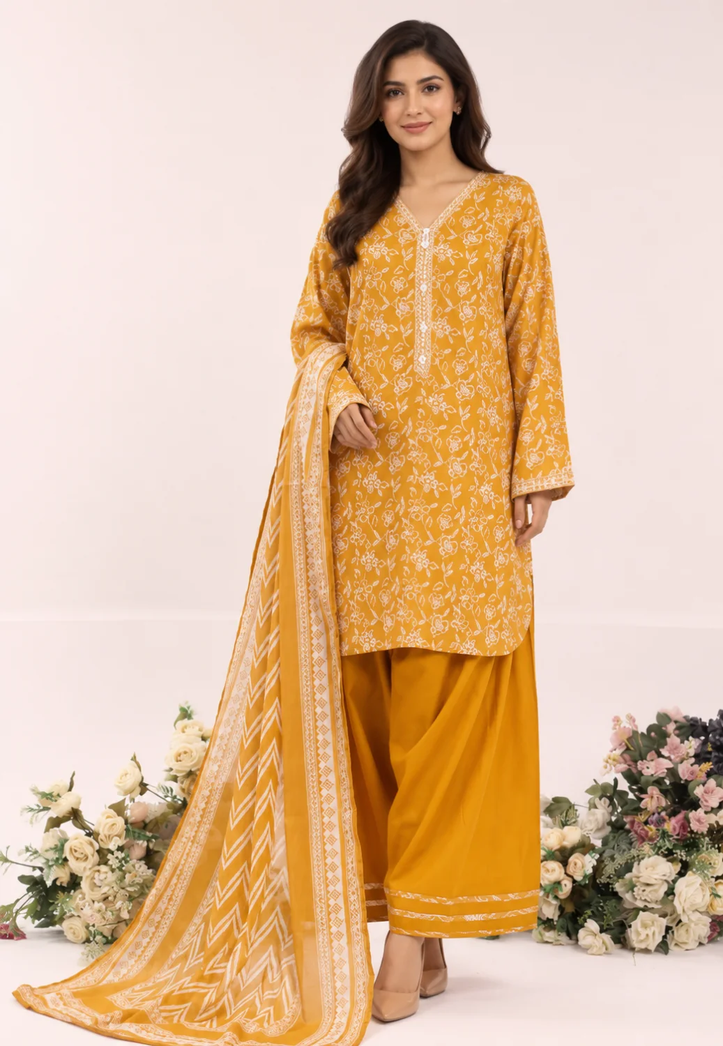 3-Piece Premium Lawn Suit - Mustard Yellow Floral Print with Printed Dupatta | VS-LAWN-30 | Vionza Style