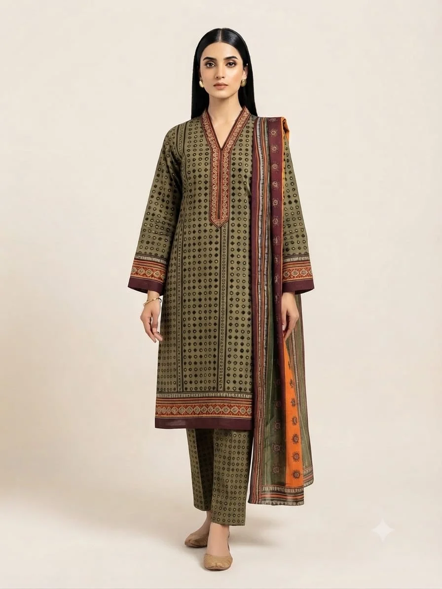 3-Piece Premium Lawn Suit - Olive Green Ajrak Print | VS-LAWN-33 | Vionza Style