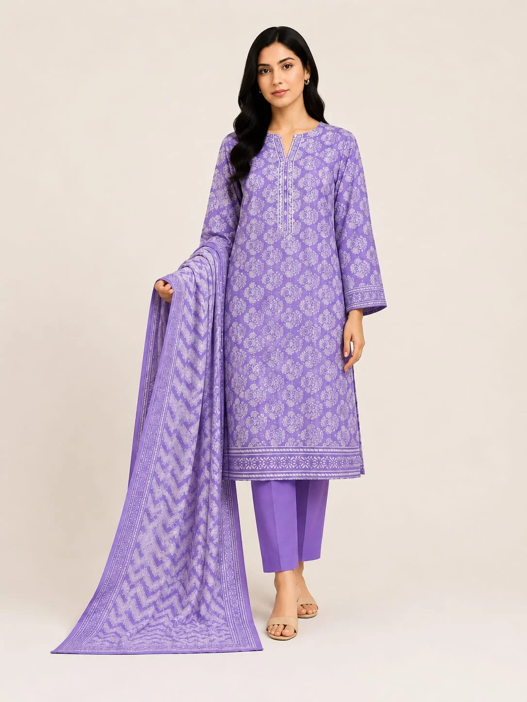 3-Piece Premium Lawn Suit - Lavender Block Print | VS-LAWN-02 | Vionza Style