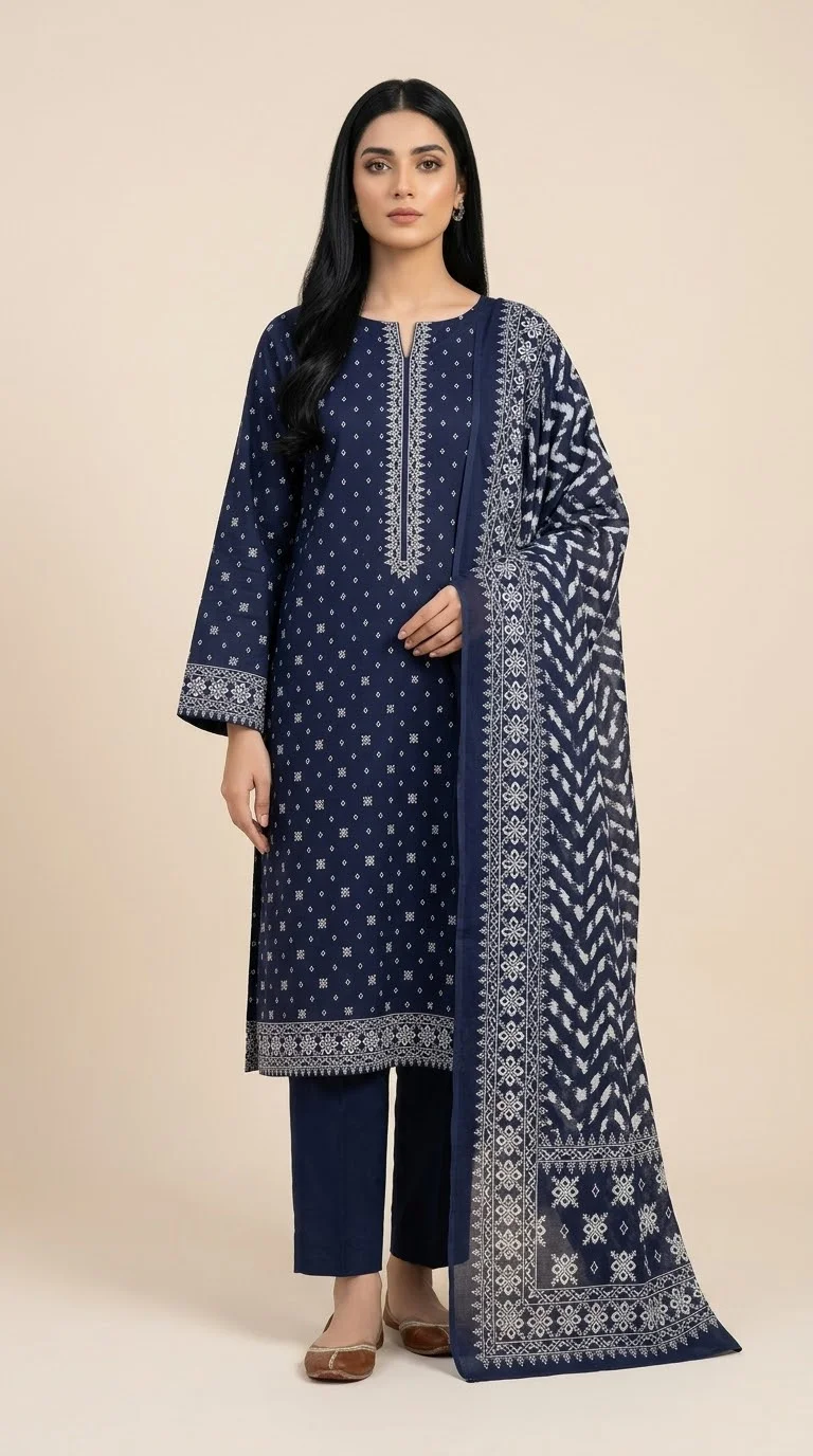 3-Piece Premium Lawn Suit - Navy Blue Geometric Print | VS-LAWN-09 | Vionza Style