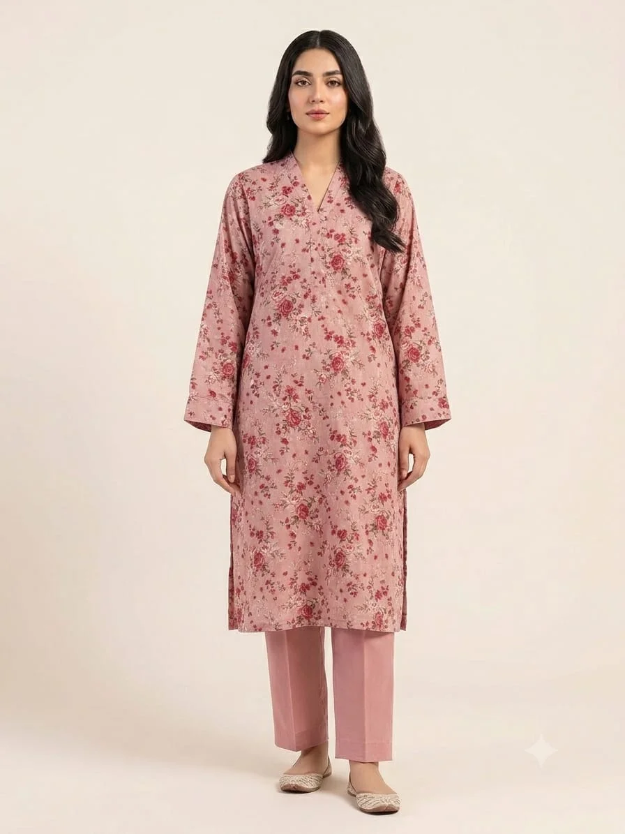 2-Piece Premium Lawn Suit - Dusty Pink Floral Print | VS-LAWN-12 | Vionza Style